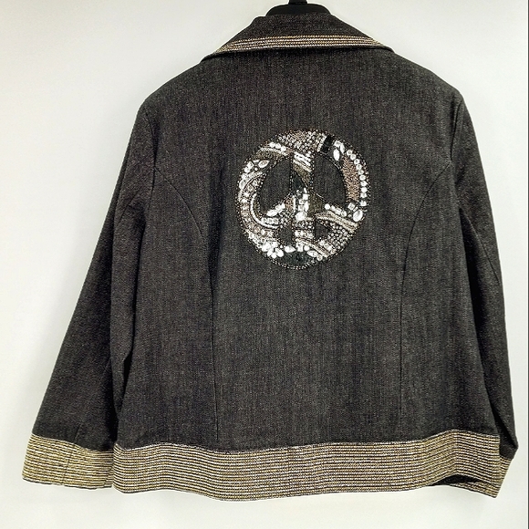 VINTAGE Bleu Bayou Denim Jacket XL Bead, Crystal & Sequin Embellished Peace Sign - Picture 15 of 17